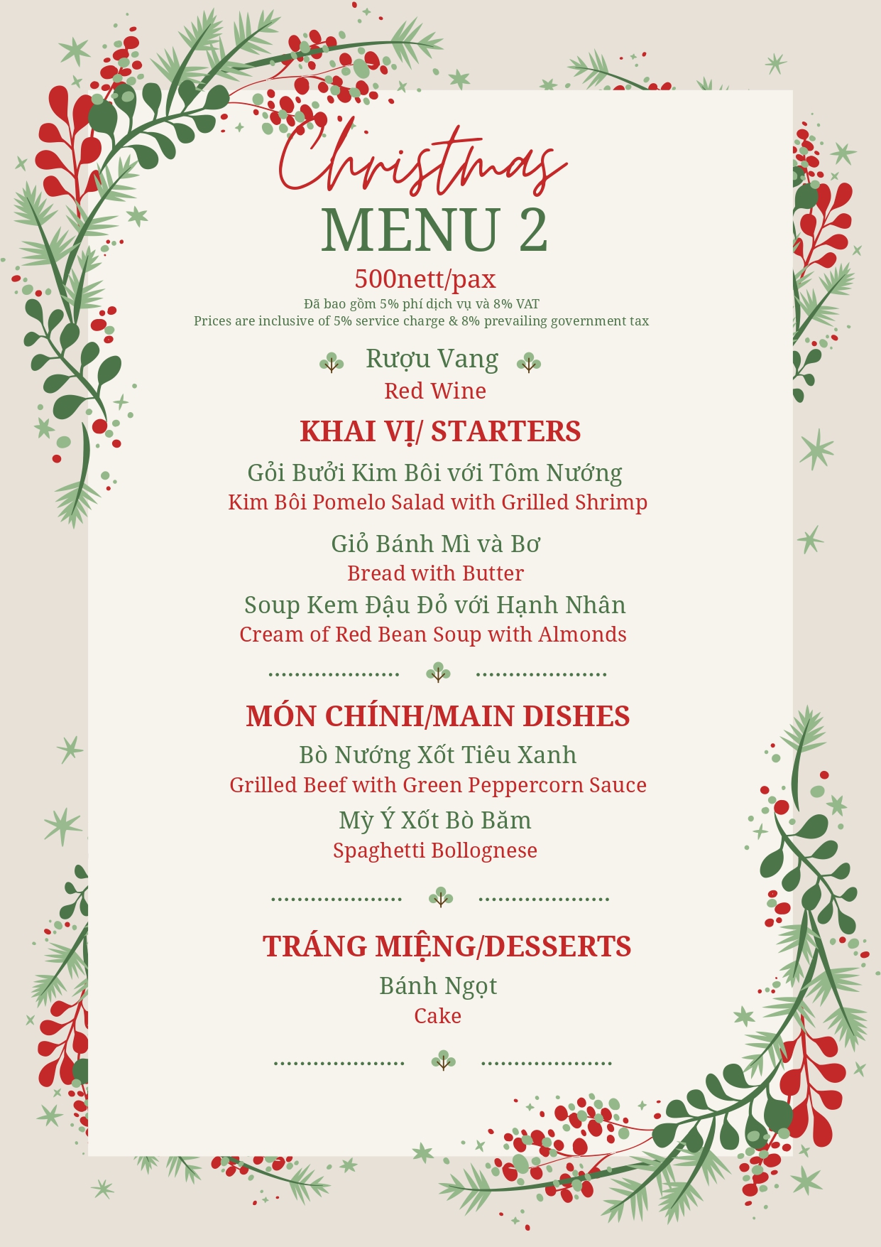 Thực đơn 2 đêm Noel